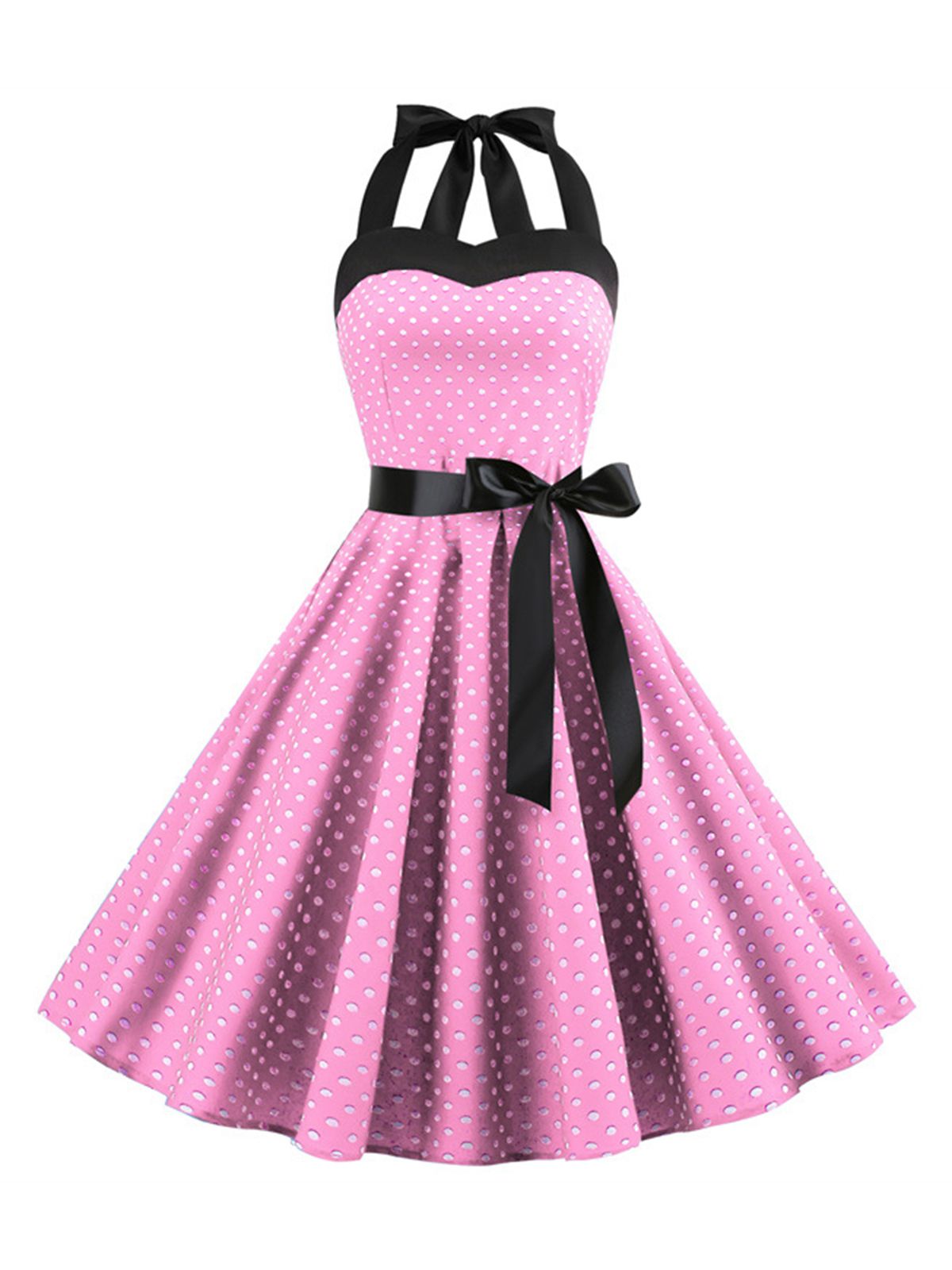 Polka Dot Bow Tie Halter Swing Dress