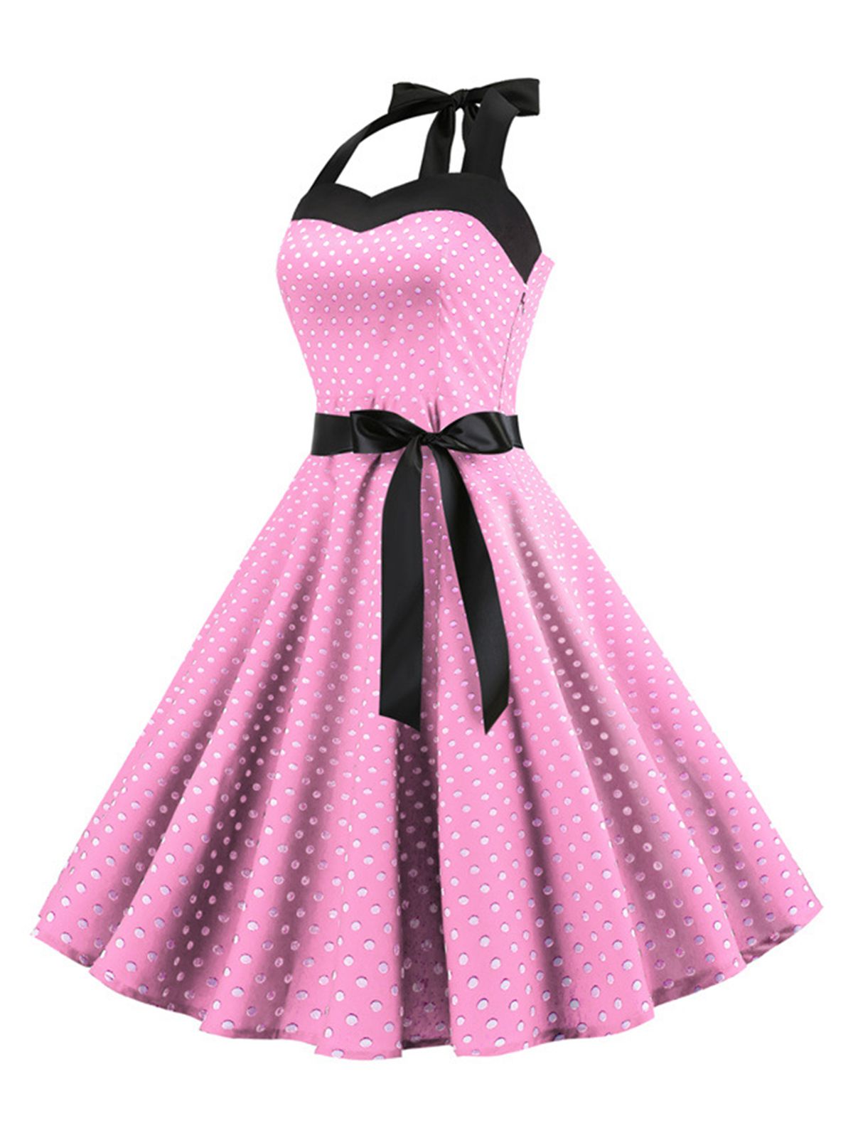 Polka Dot Bow Tie Halter Swing Dress