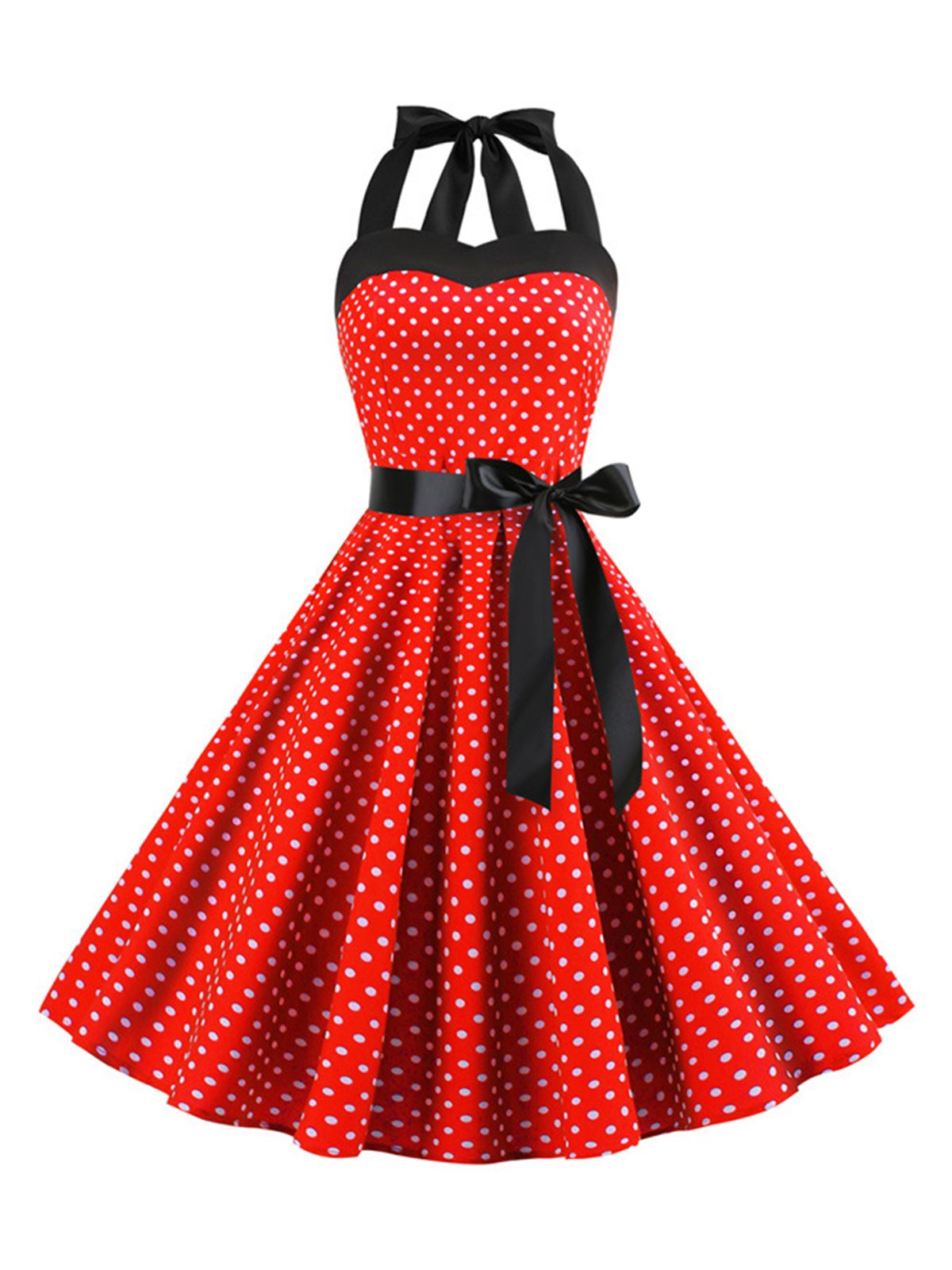 Polka Dot Bow Tie Halter Swing Dress