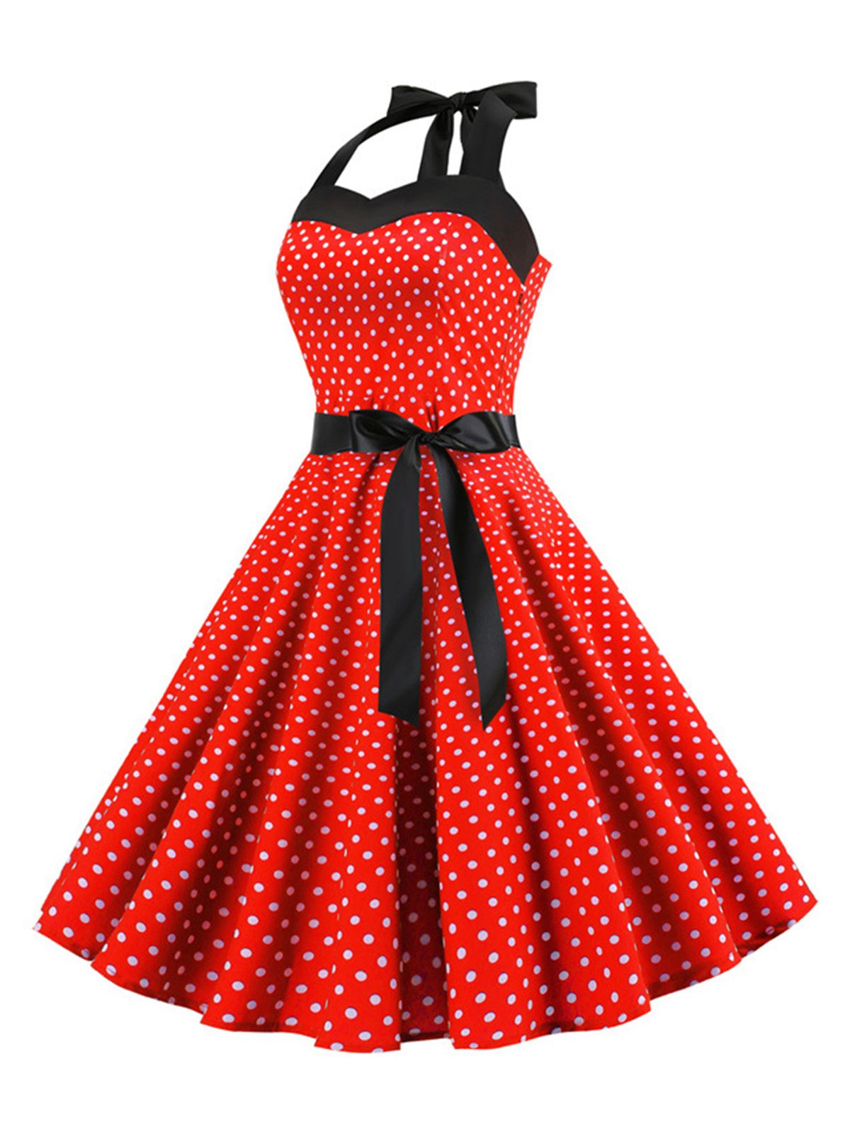 Polka Dot Bow Tie Halter Swing Dress