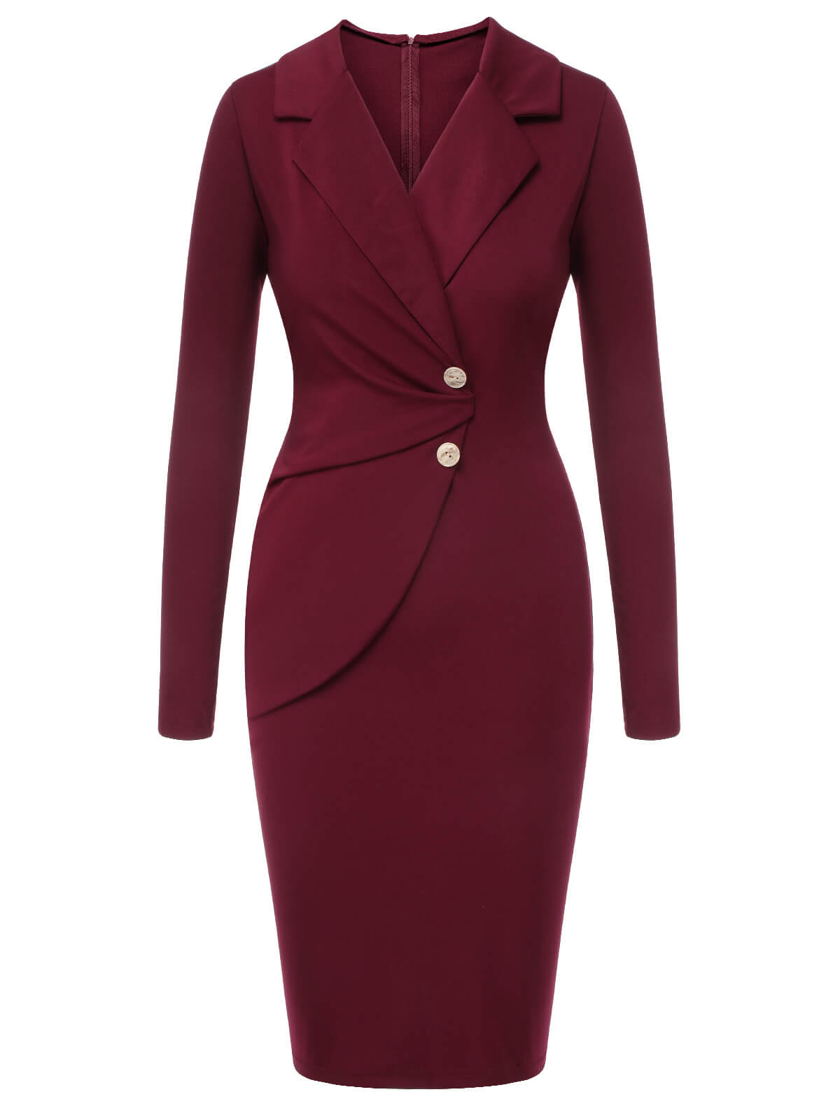 Purplish Red Solid Long Sleeved Lapel Dress