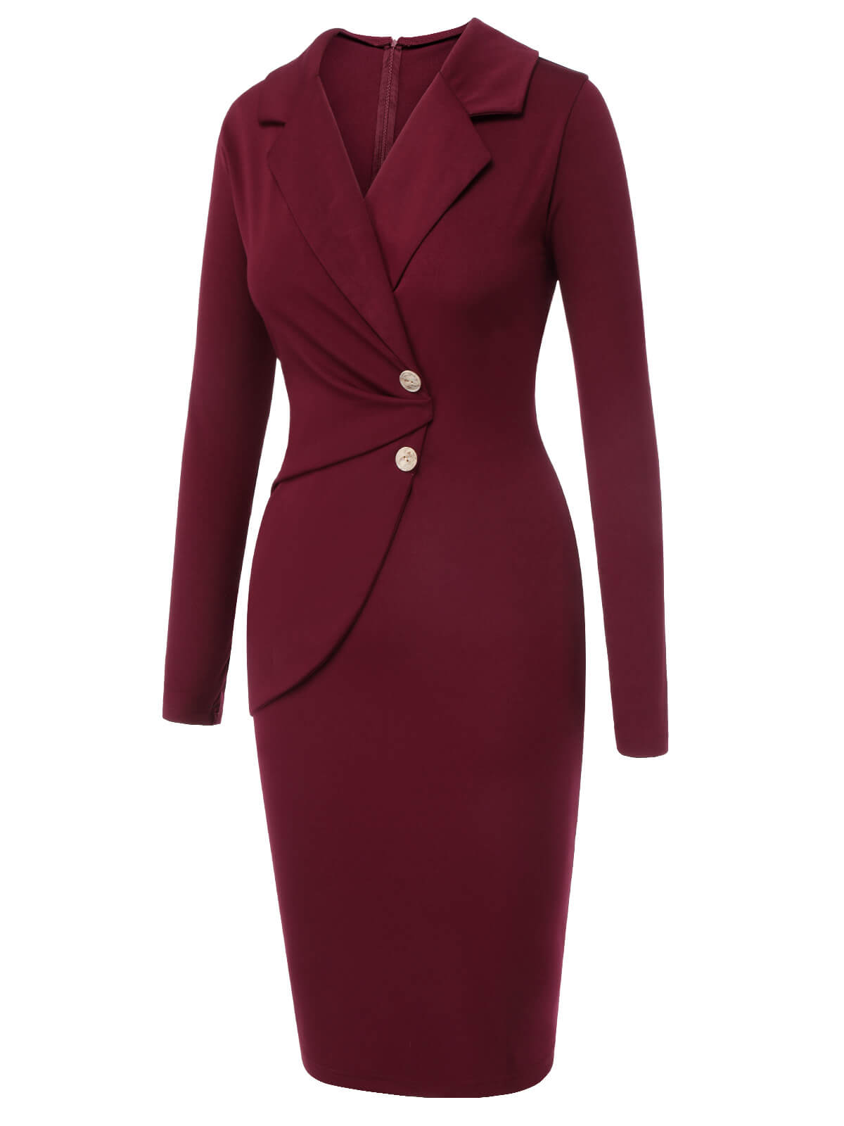 Purplish Red Solid Long Sleeved Lapel Dress