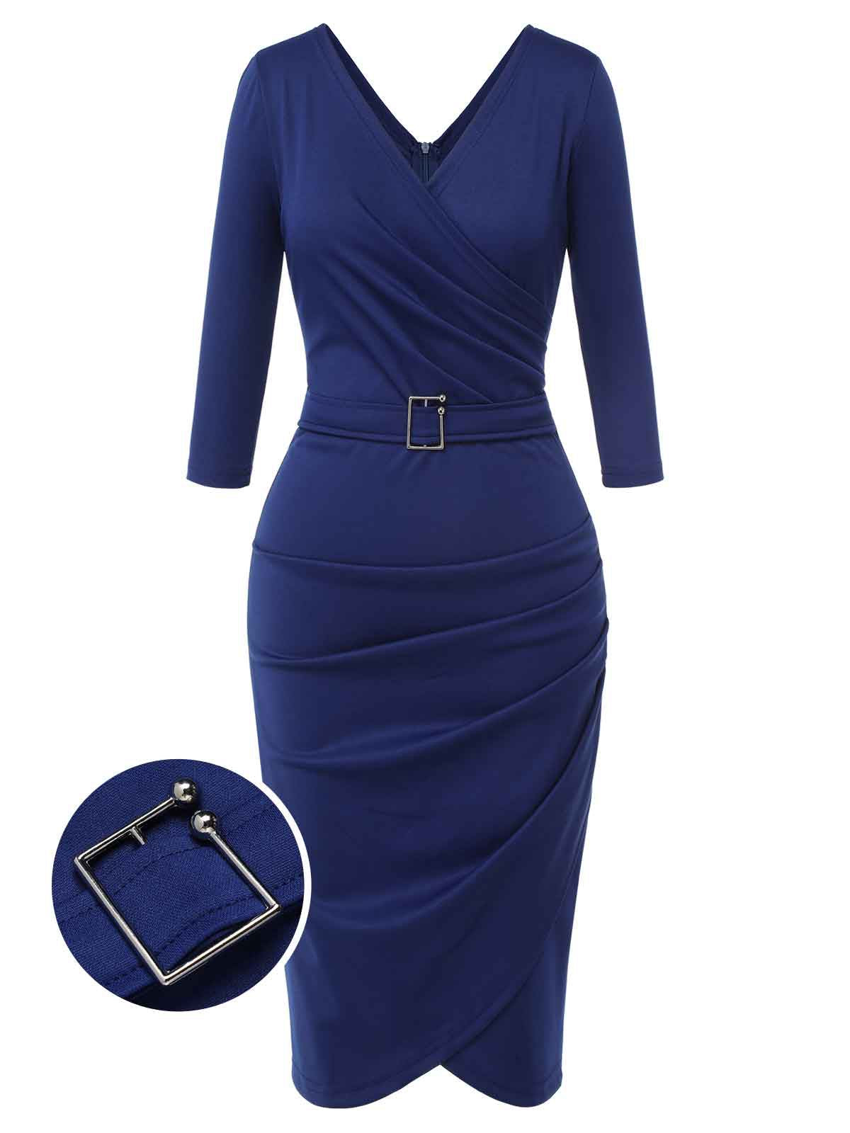 Blue Solid V-Neck Dress with Belt