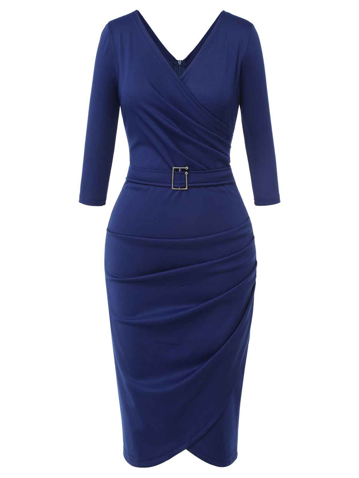 Blue Solid V-Neck Dress with Belt