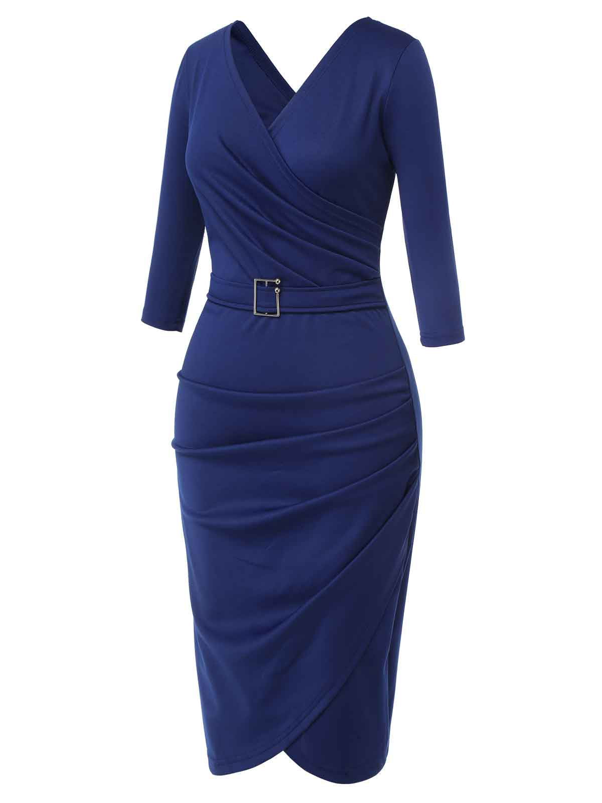 Blue Solid V-Neck Dress with Belt