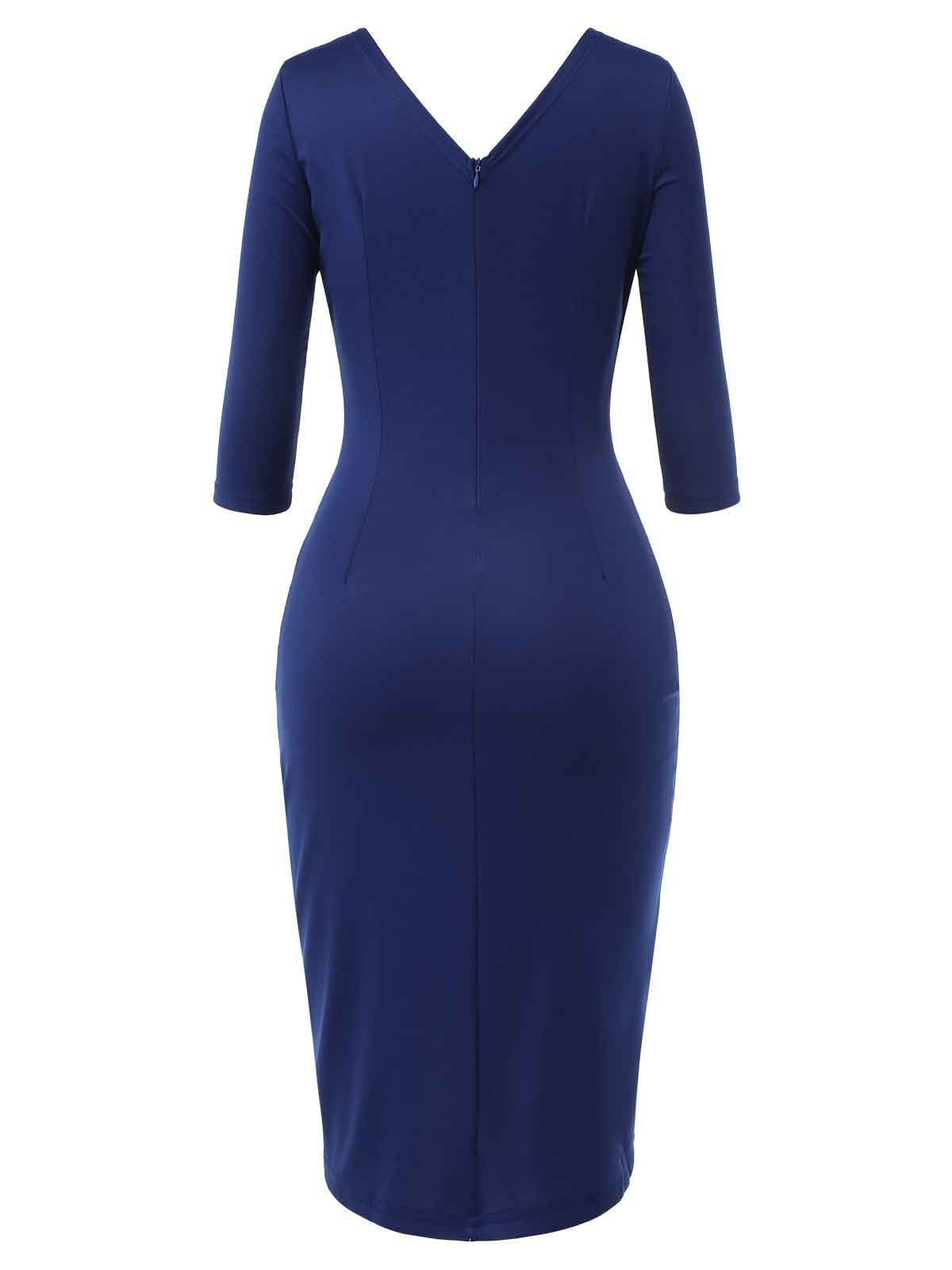 Blue Solid V-Neck Dress with Belt