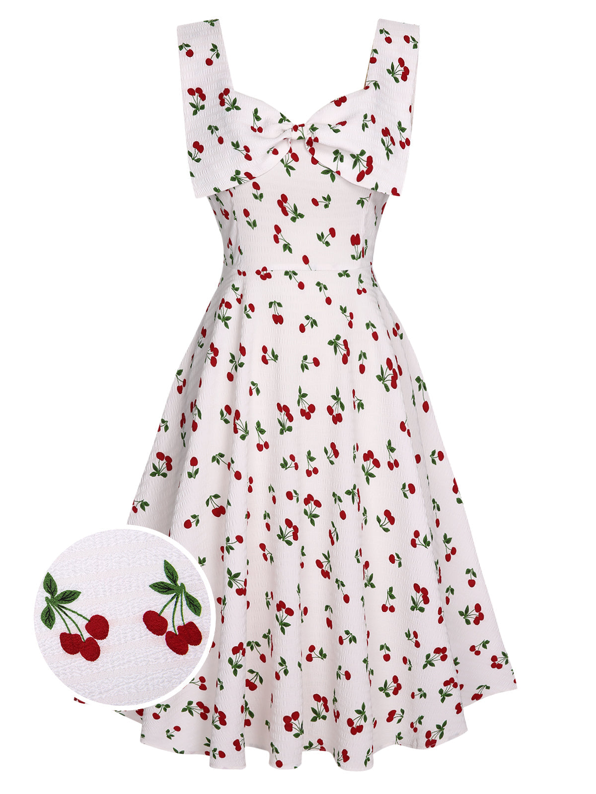 White Cherry Bow Sweetheart Neck Dress