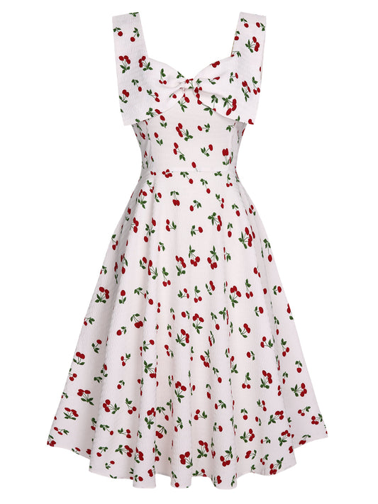 White Cherry Bow Sweetheart Neck Dress