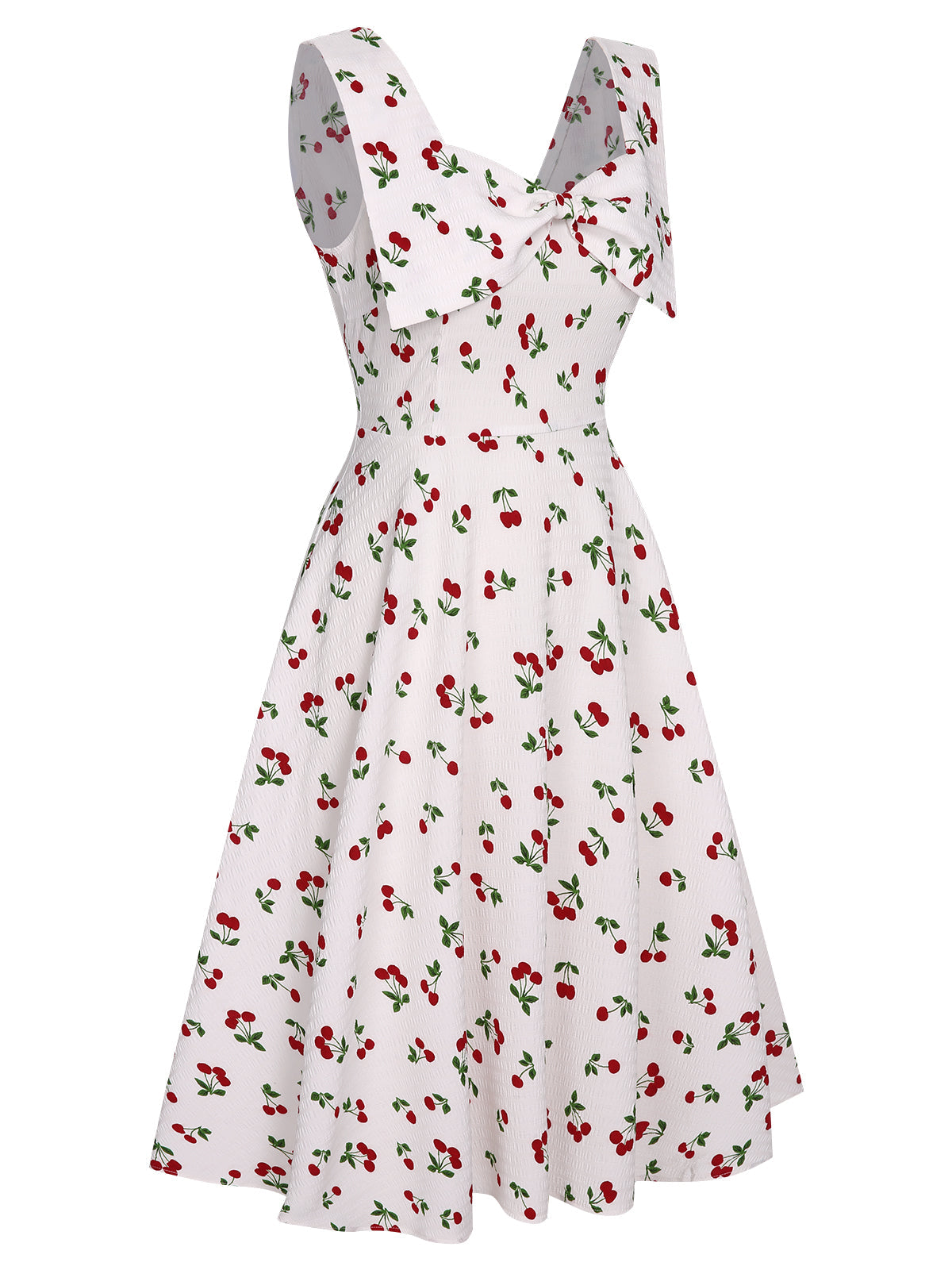 White Cherry Bow Sweetheart Neck Dress