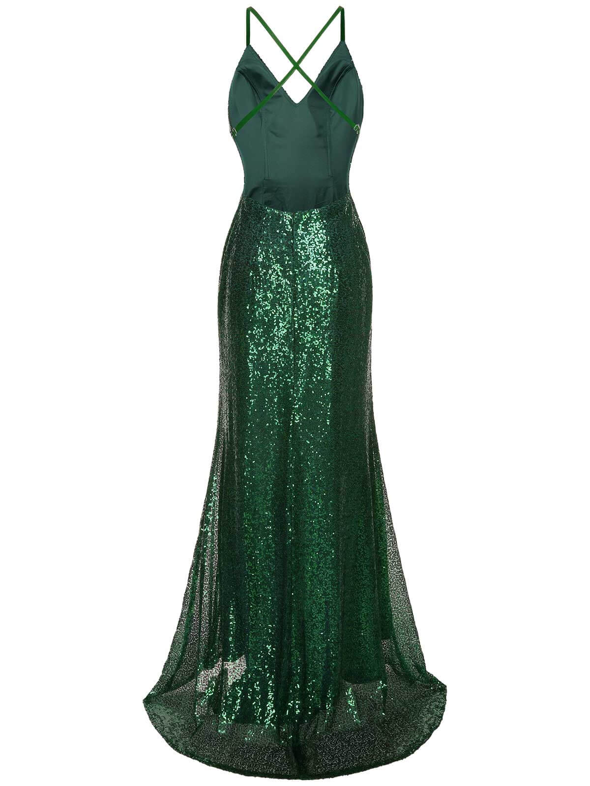 V-Neck Side Slit Sequined Sling Dress