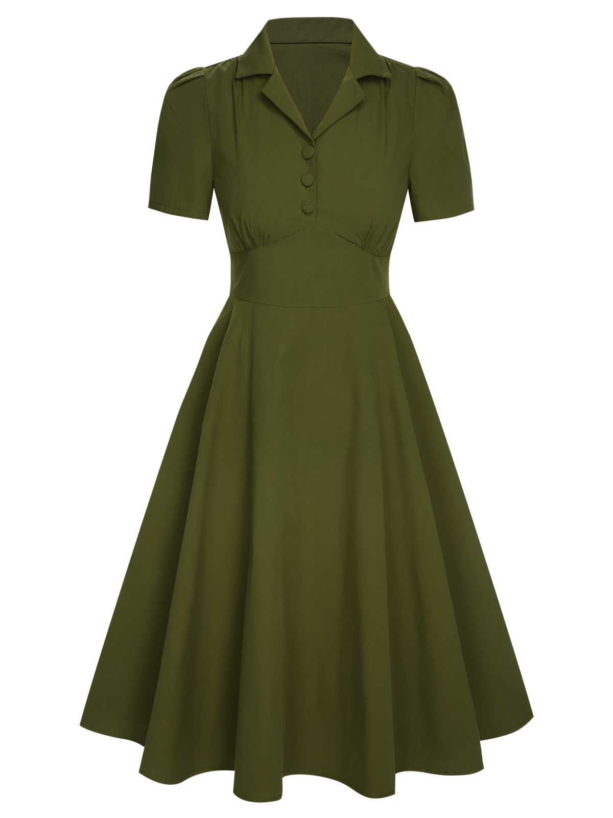 Green Lapel Buttoned Solid Dress