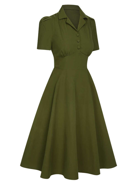 Green Lapel Buttoned Solid Dress