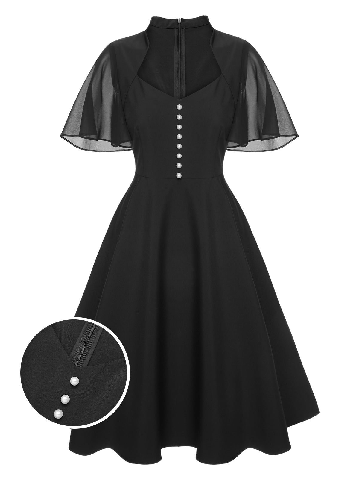 Black V-Neck Pearl Buttons Dress