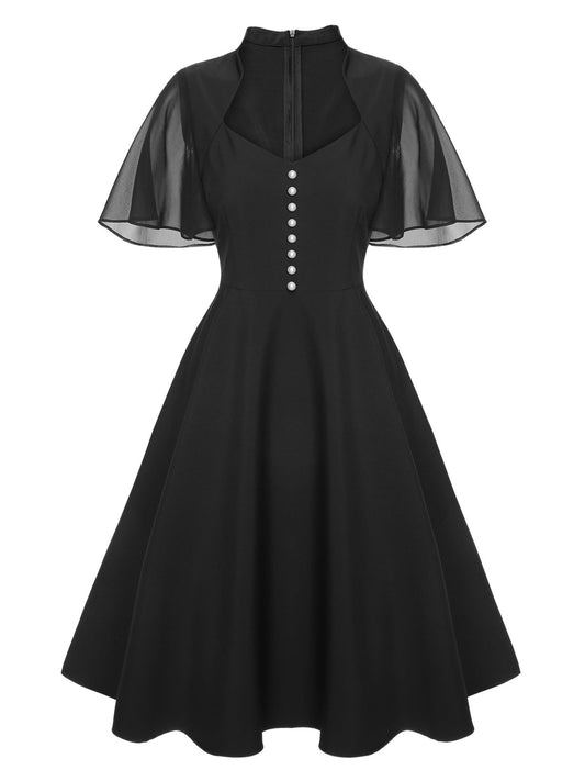 Black V-Neck Pearl Buttons Dress