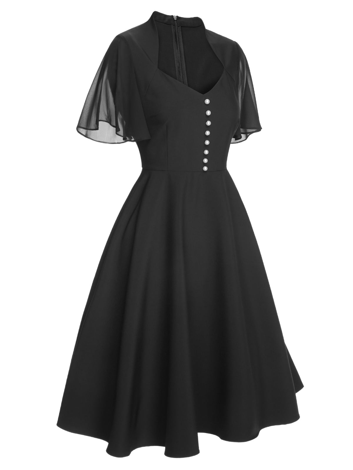 Black V-Neck Pearl Buttons Dress