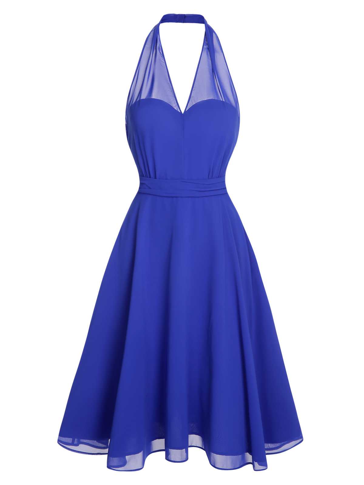 Blue Solid Chiffon Halter Dress