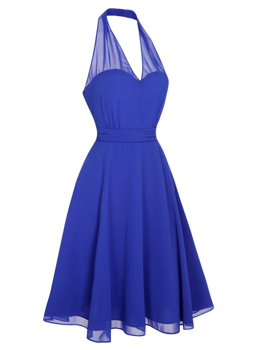 Blue Solid Chiffon Halter Dress