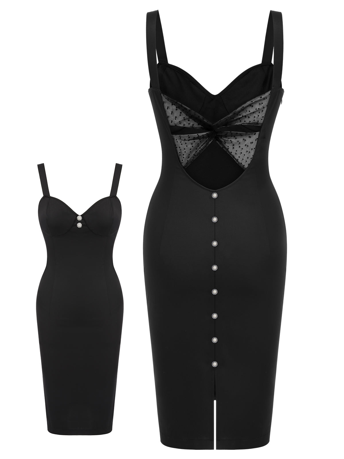 Black  Solid Pearl Buttons Suspender Dress