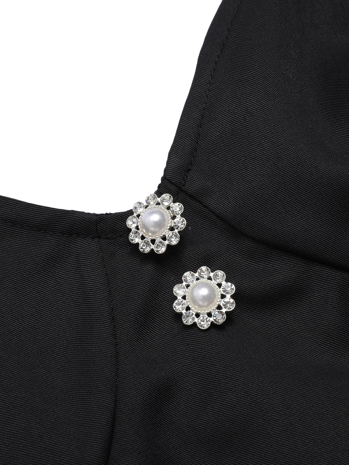 Black  Solid Pearl Buttons Suspender Dress