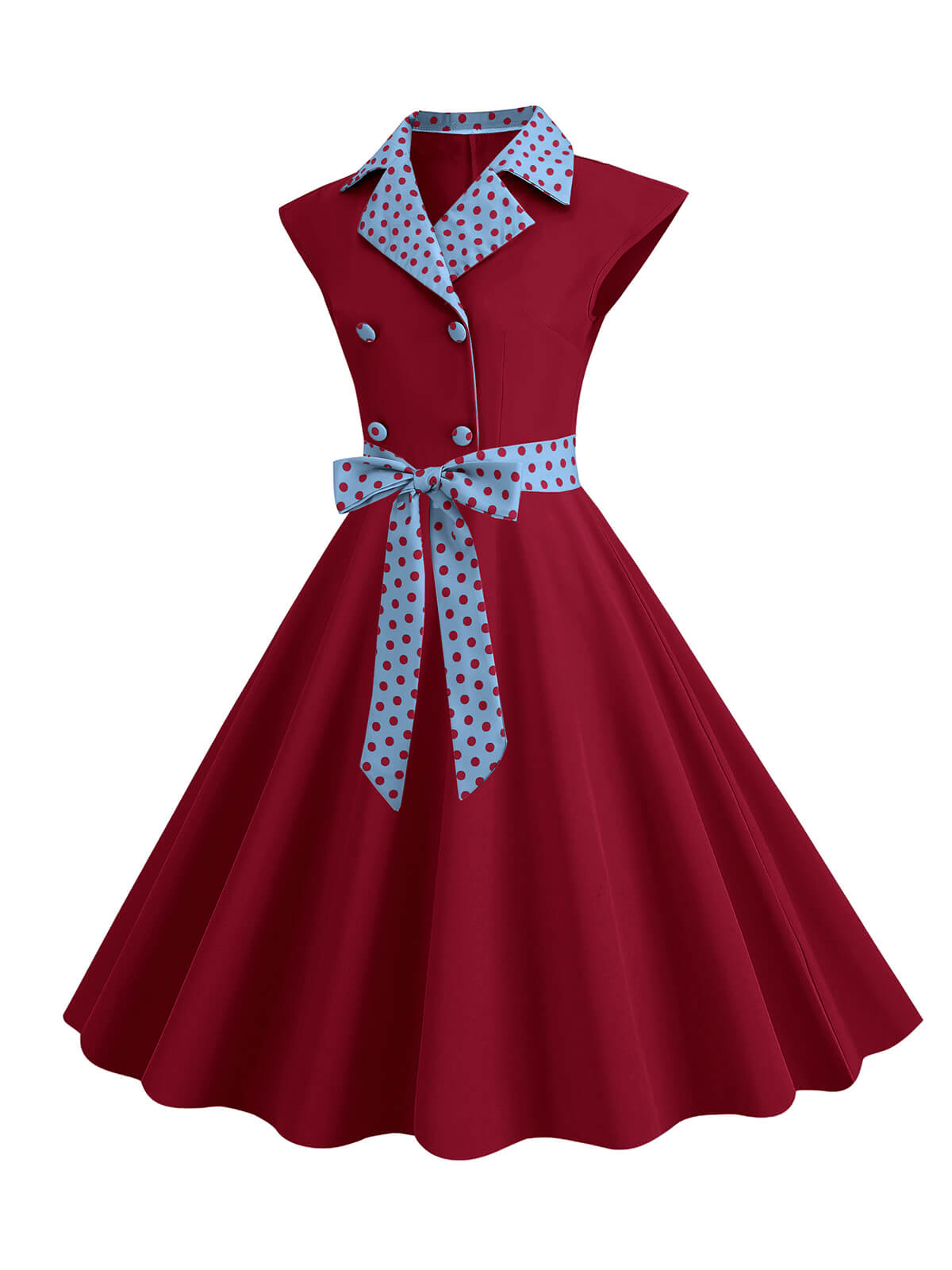 Contrast Polka Dots Bowknot Belted Dress