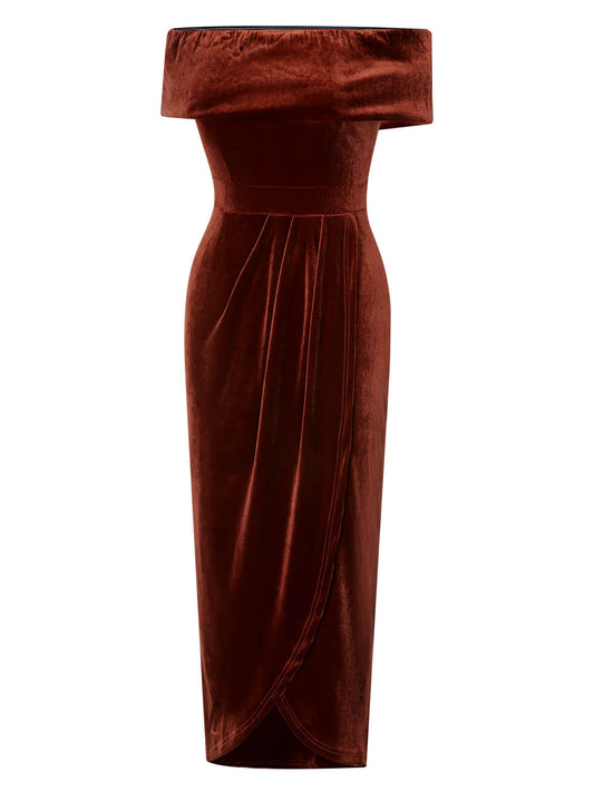 Caramel Color  Off-Shoulder Tulip Velvet Dress