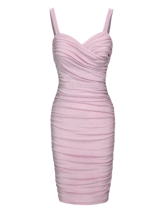 Pink  Solid Glitter Pleated Strap Dress