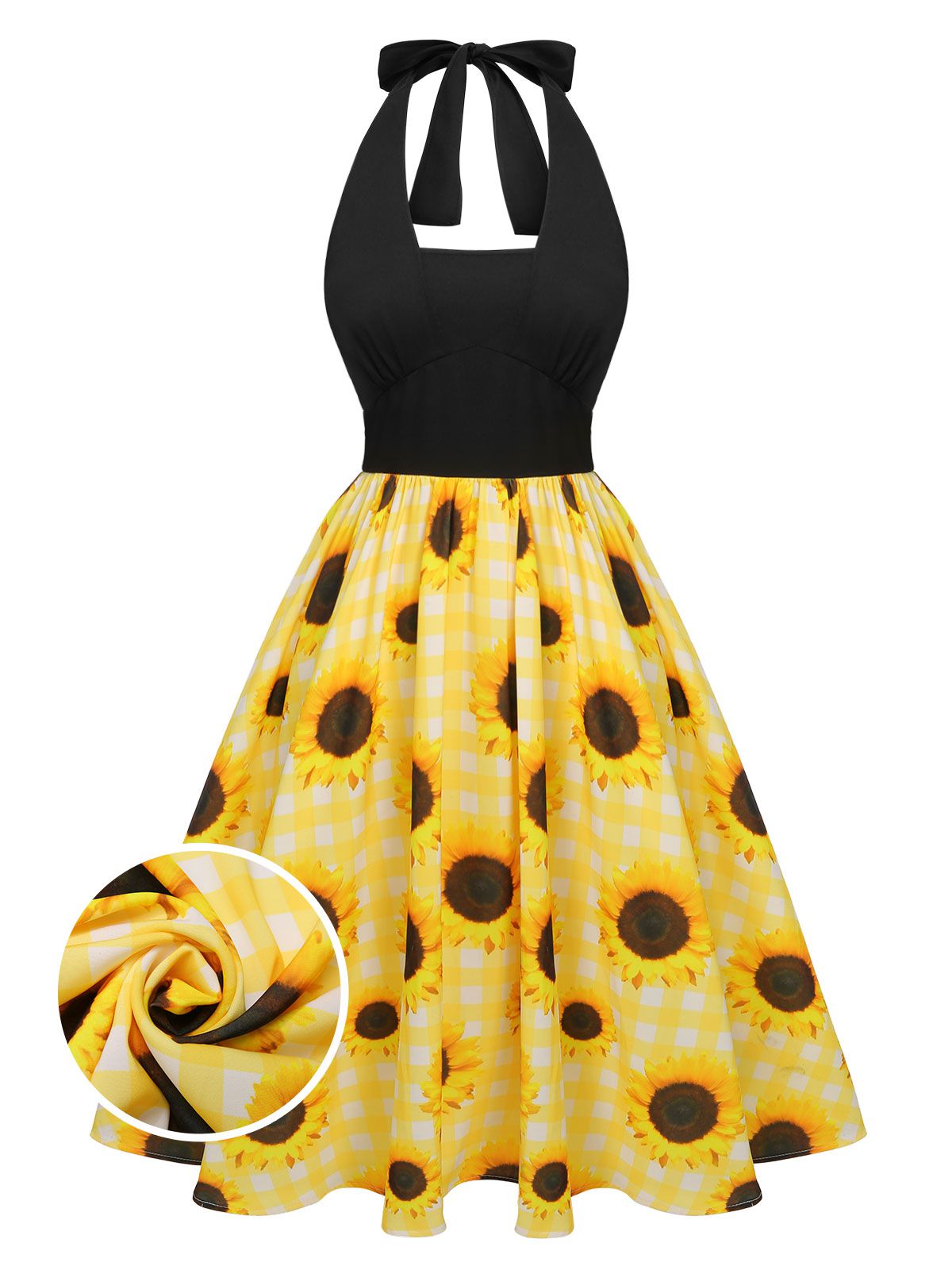 Yellow Sunflower Plaid Halter Dress