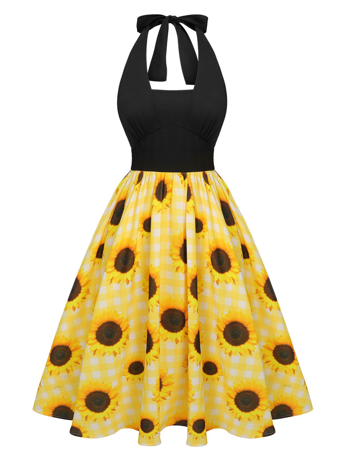 Yellow Sunflower Plaid Halter Dress