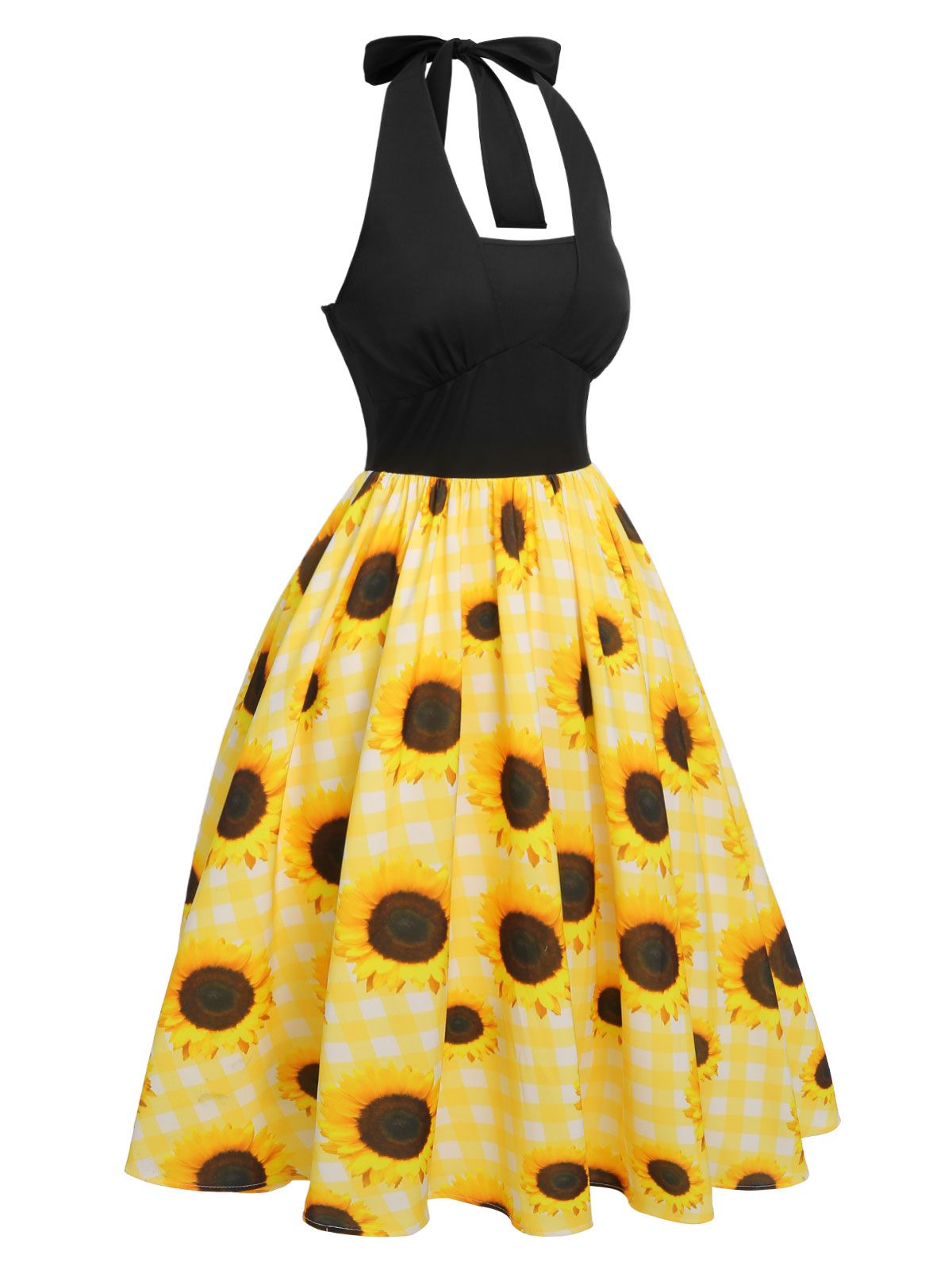 Yellow Sunflower Plaid Halter Dress