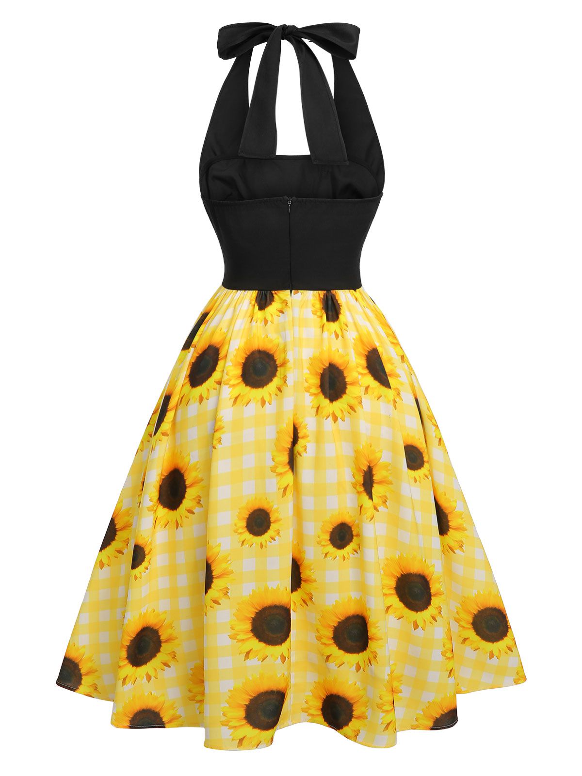 Yellow Sunflower Plaid Halter Dress