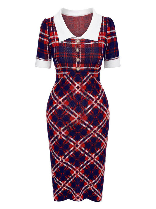 Multicolor  Plaid Knitted Pencil Dress