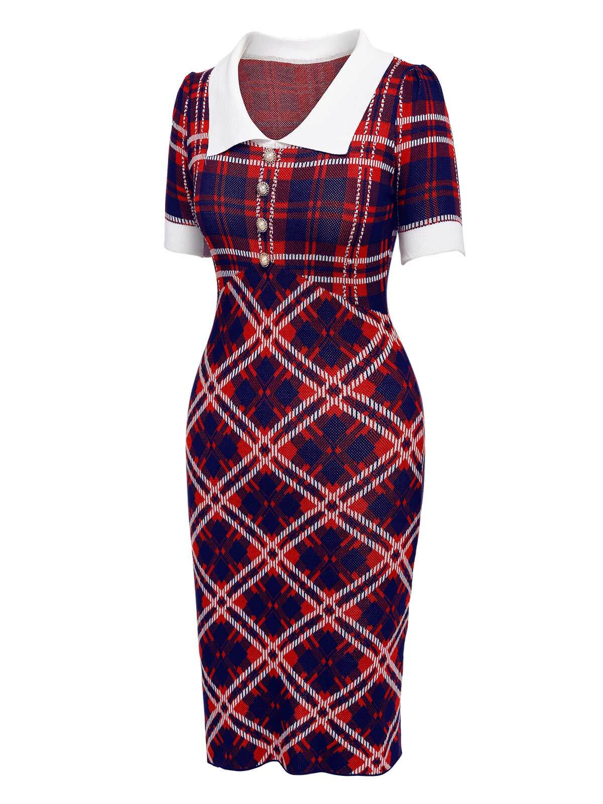 Multicolor  Plaid Knitted Pencil Dress