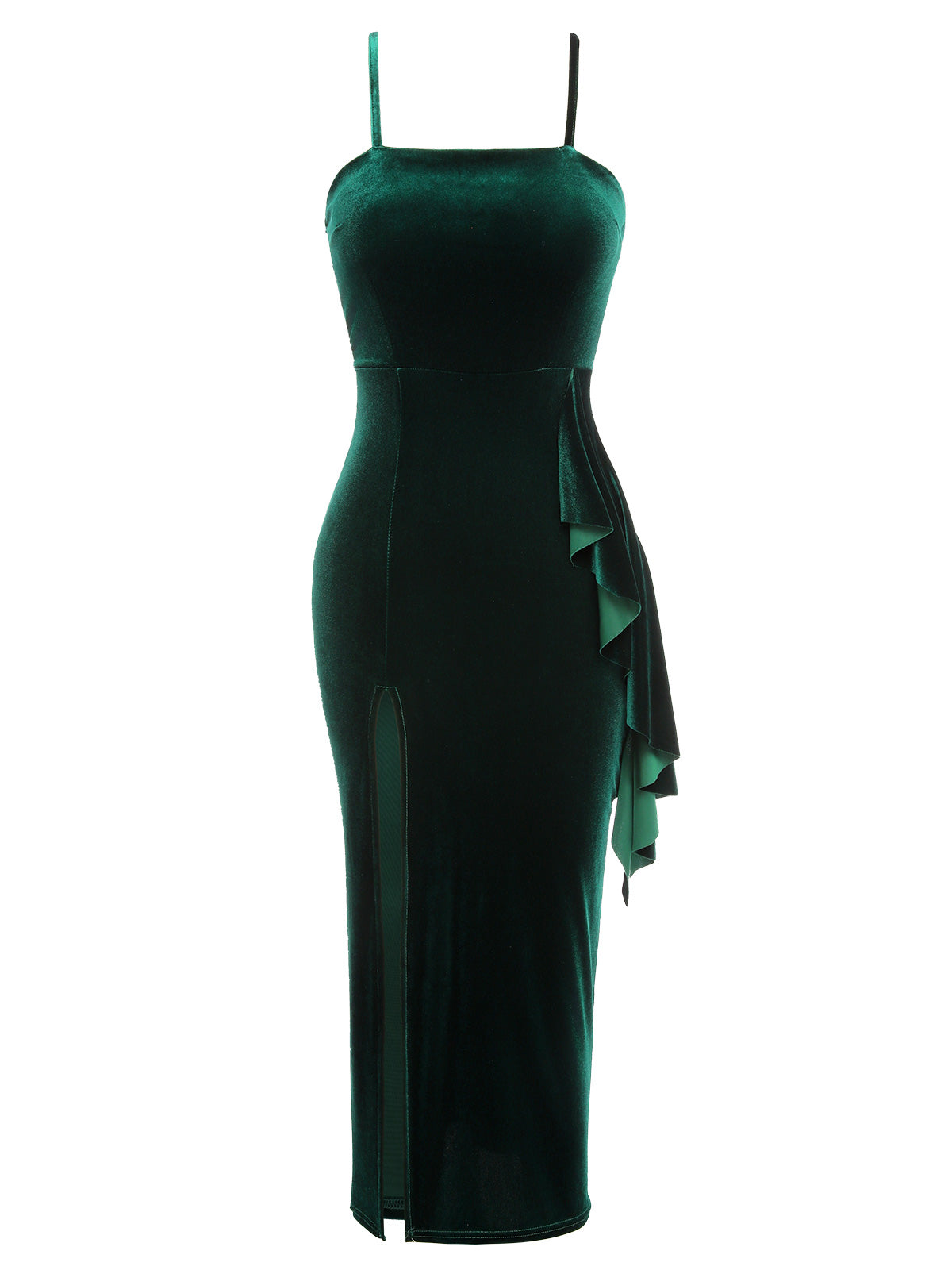 Green Spaghetti Strap Velvet Slit Dress