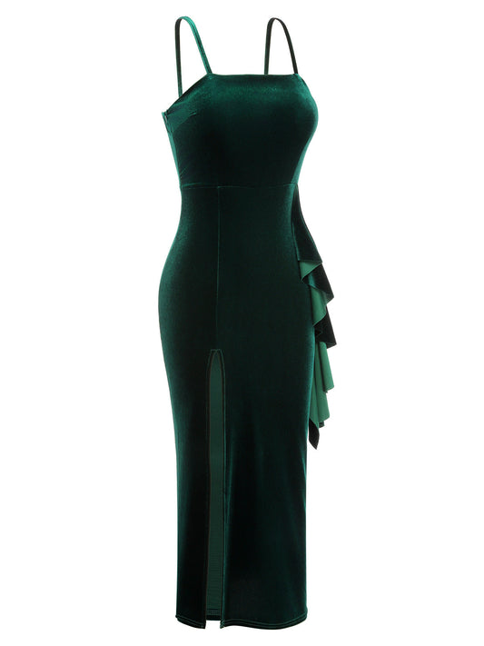 Green Spaghetti Strap Velvet Slit Dress