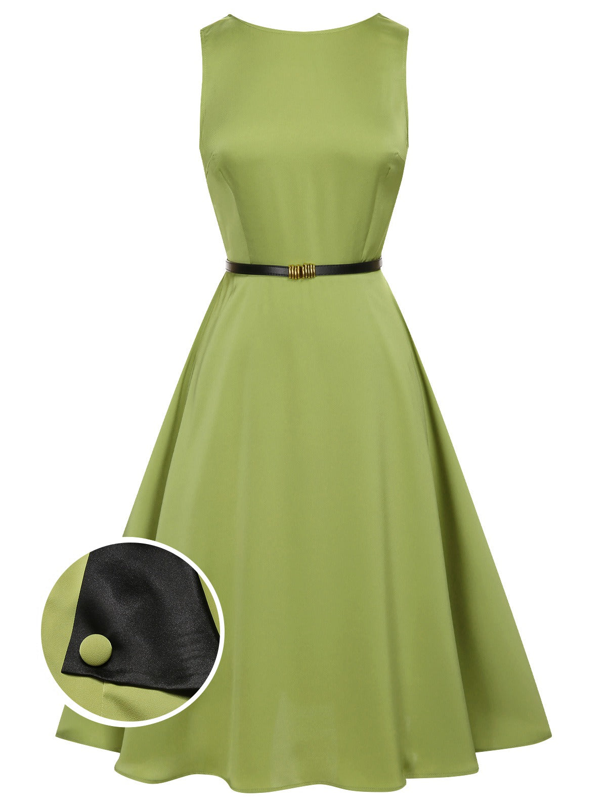 Green Boat Neck Sleeveless Belt Dress