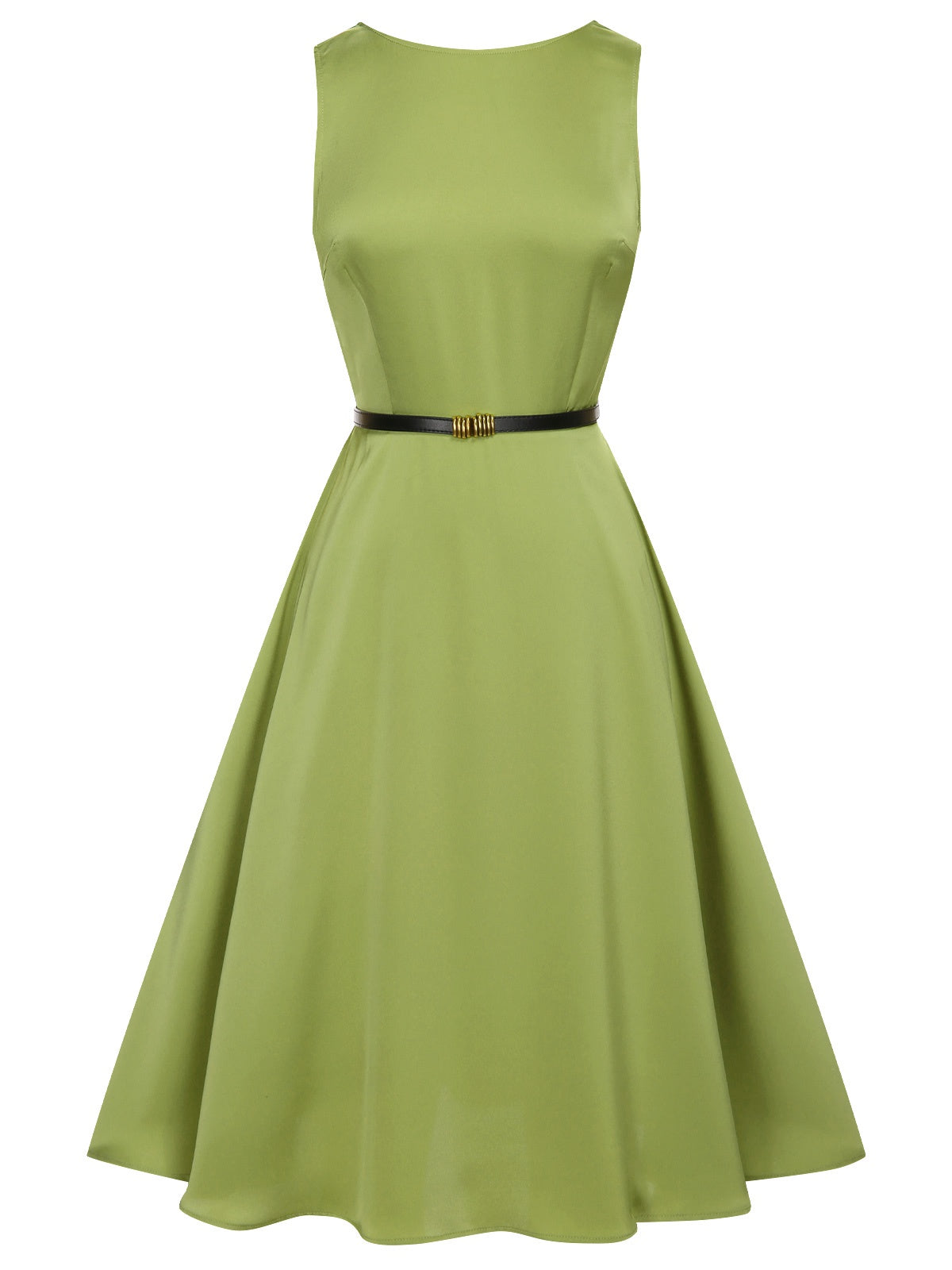 Green Boat Neck Sleeveless Belt Dress