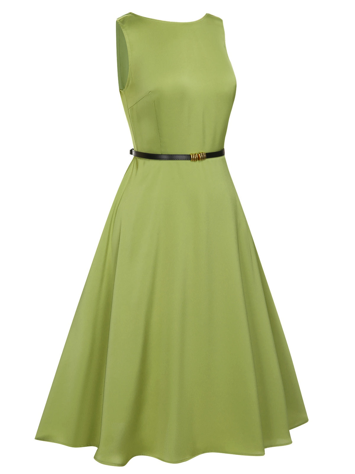 Green Boat Neck Sleeveless Belt Dress