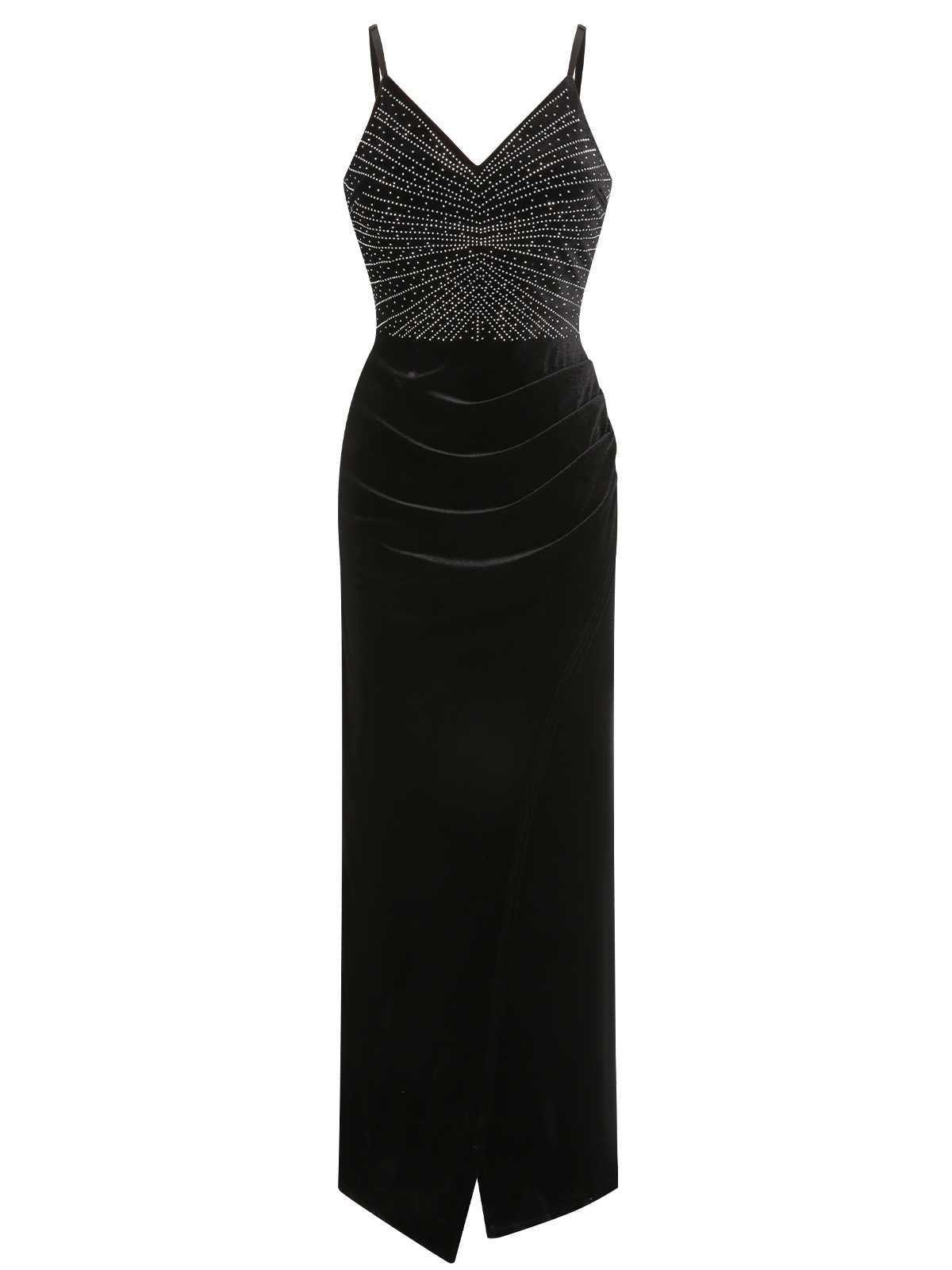 Black  Spaghetti Strap Velvet Beading Dress