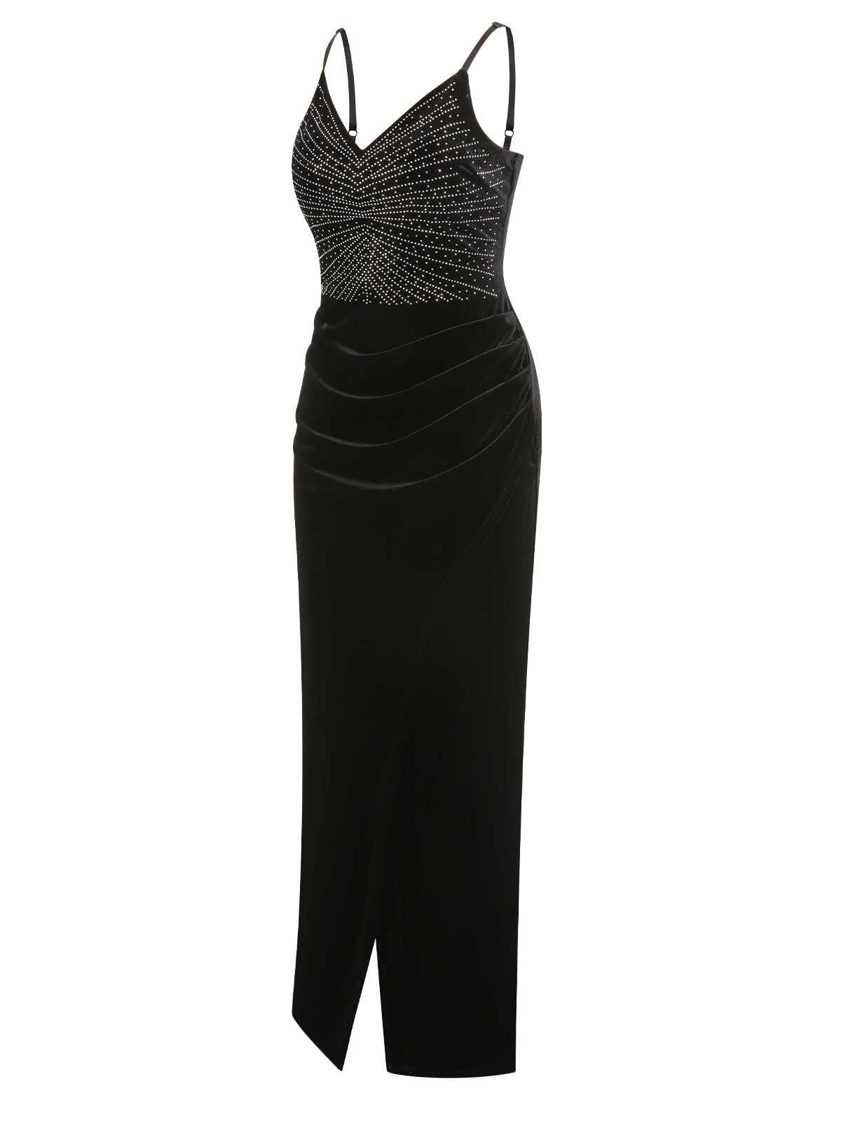 Black  Spaghetti Strap Velvet Beading Dress