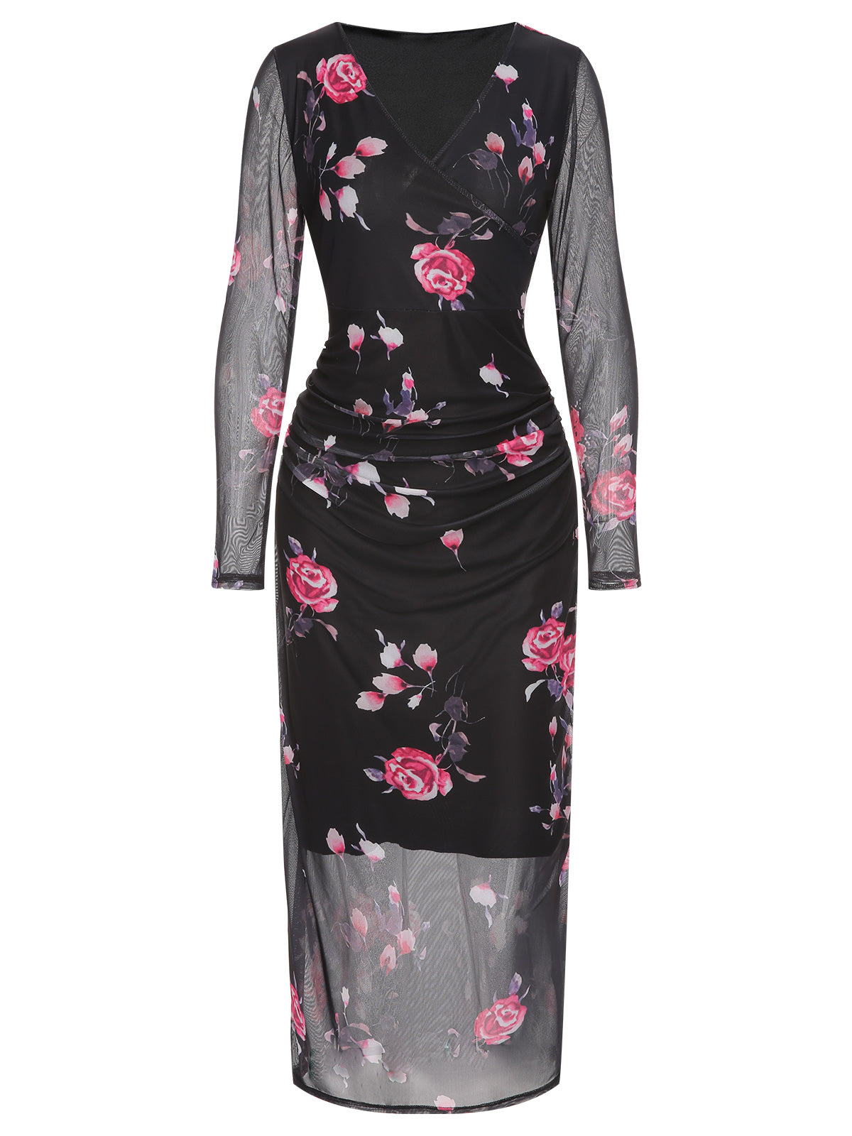 Black  V-Neck Floral Mesh Dress