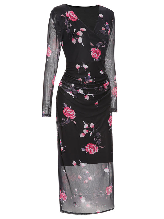 Black  V-Neck Floral Mesh Dress