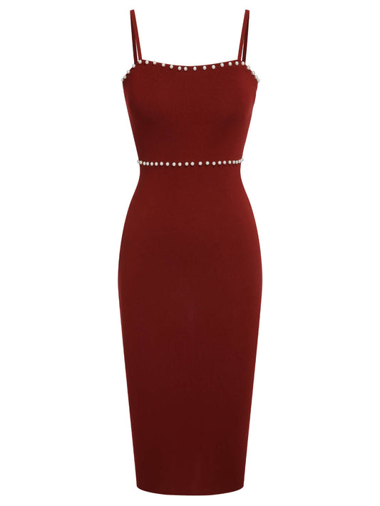 Red  Solid Pearl Knitted Sling Dress