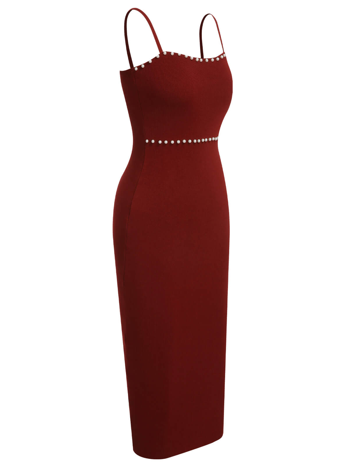 Red  Solid Pearl Knitted Sling Dress