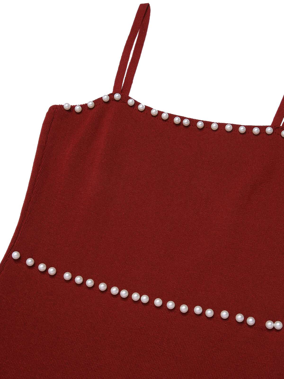 Red  Solid Pearl Knitted Sling Dress