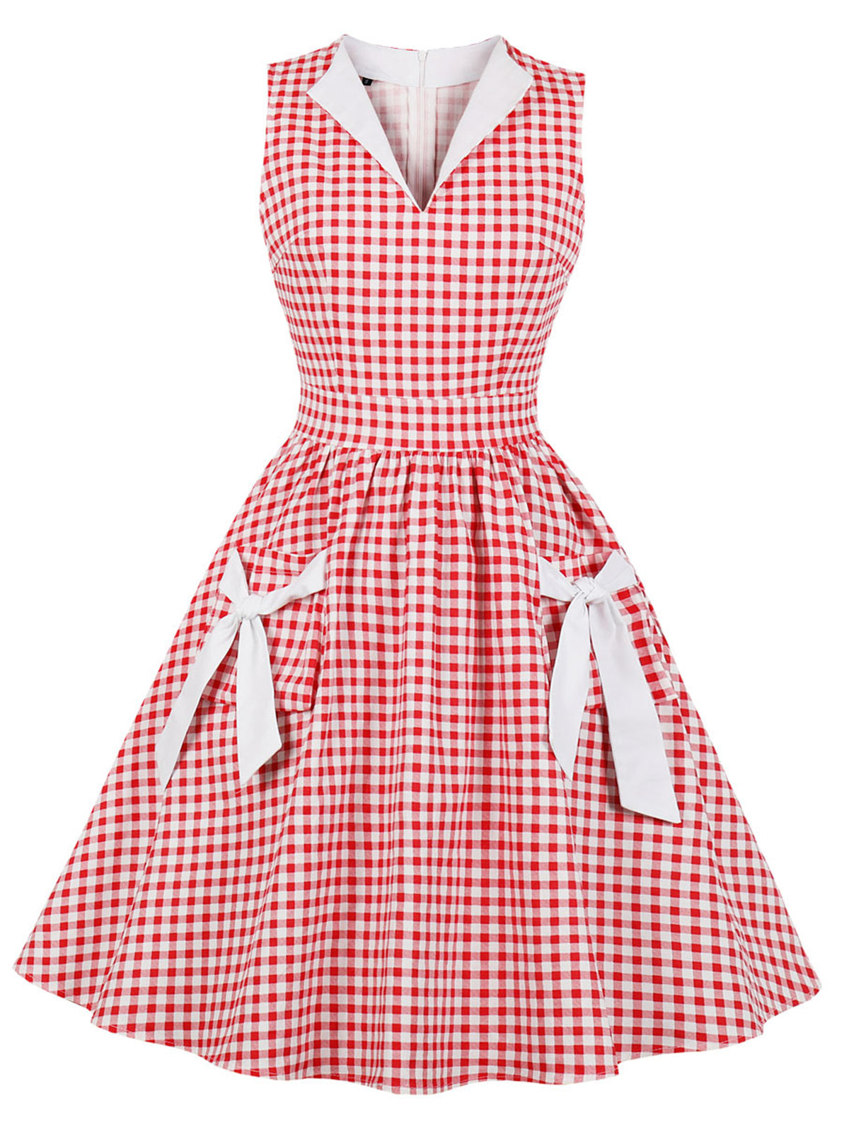 Plaid Bow Pockets Lapel Dress