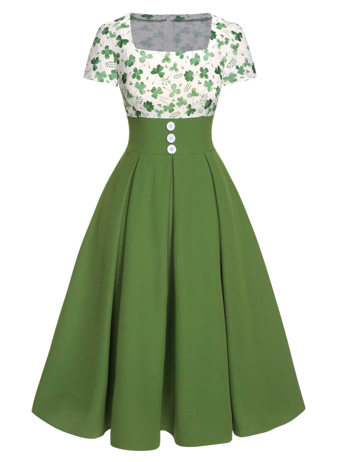 Green Lucky Clover Buttoned Dress