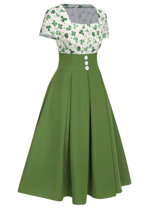 Green Lucky Clover Buttoned Dress