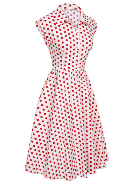 Lapel Polka Dots Sleeveless Dress