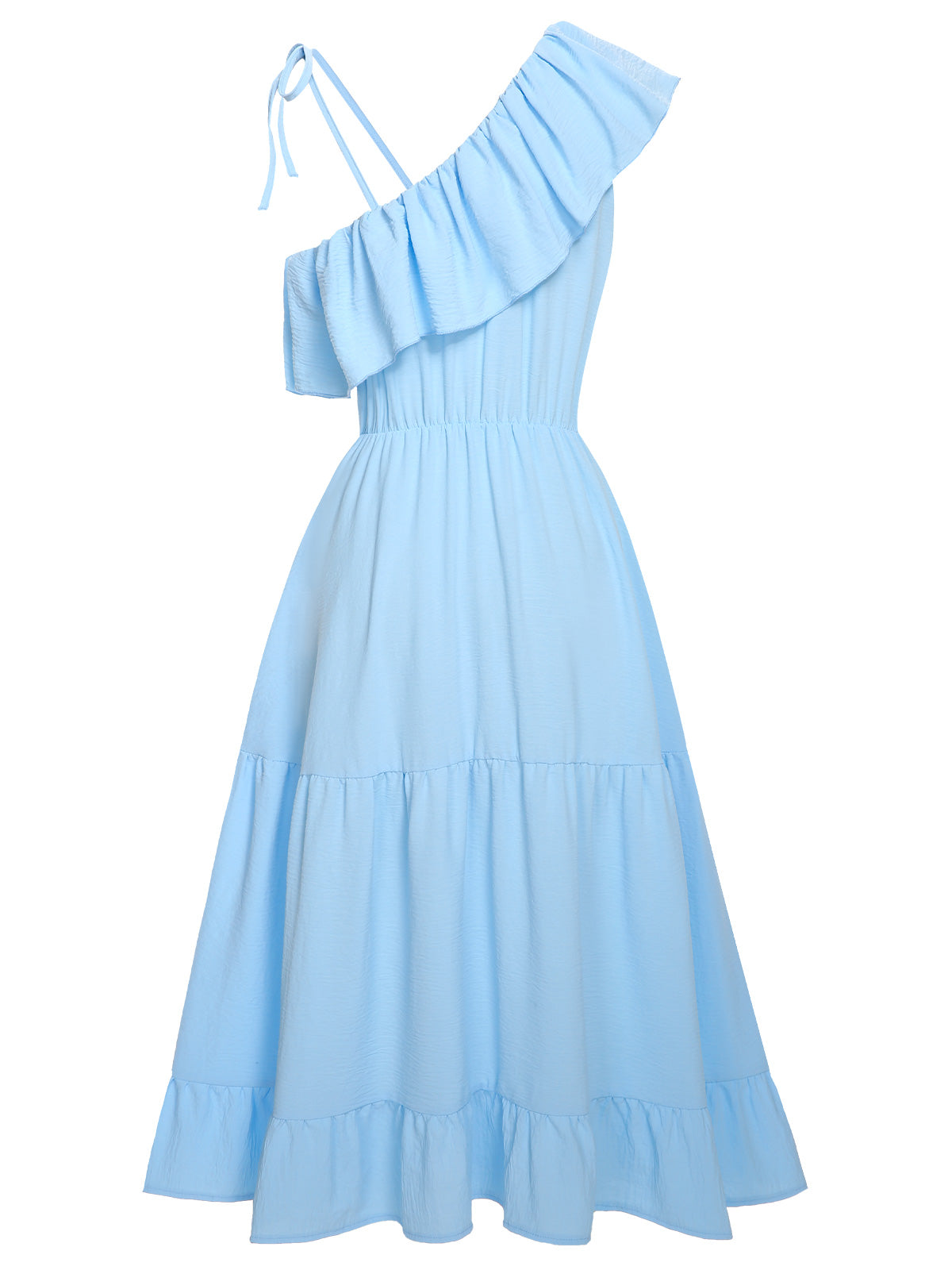 Blue One-Shoulder Sleeveless Ruffles Dress