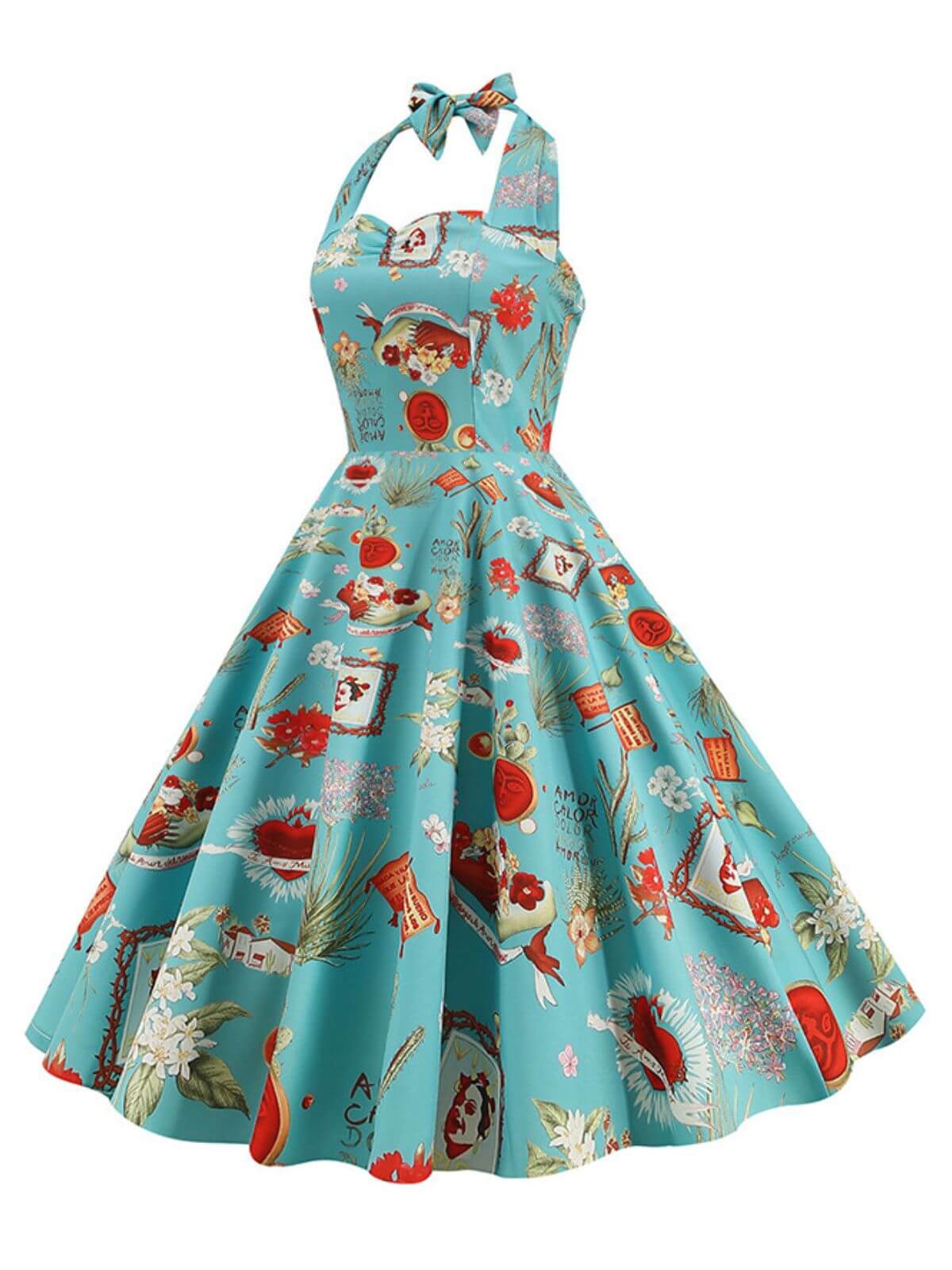 Retro Pictorial Halter Swing Dress